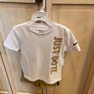 Nike White Short-Sleeve Tee with Gold 'Just Do It.' Graphic